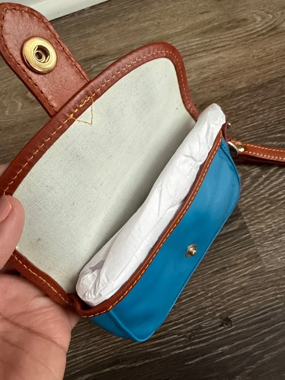 Dooney & Bourke Patent Leather Clutch in Bright Blue with Brown Trim - Picture 6 of 10